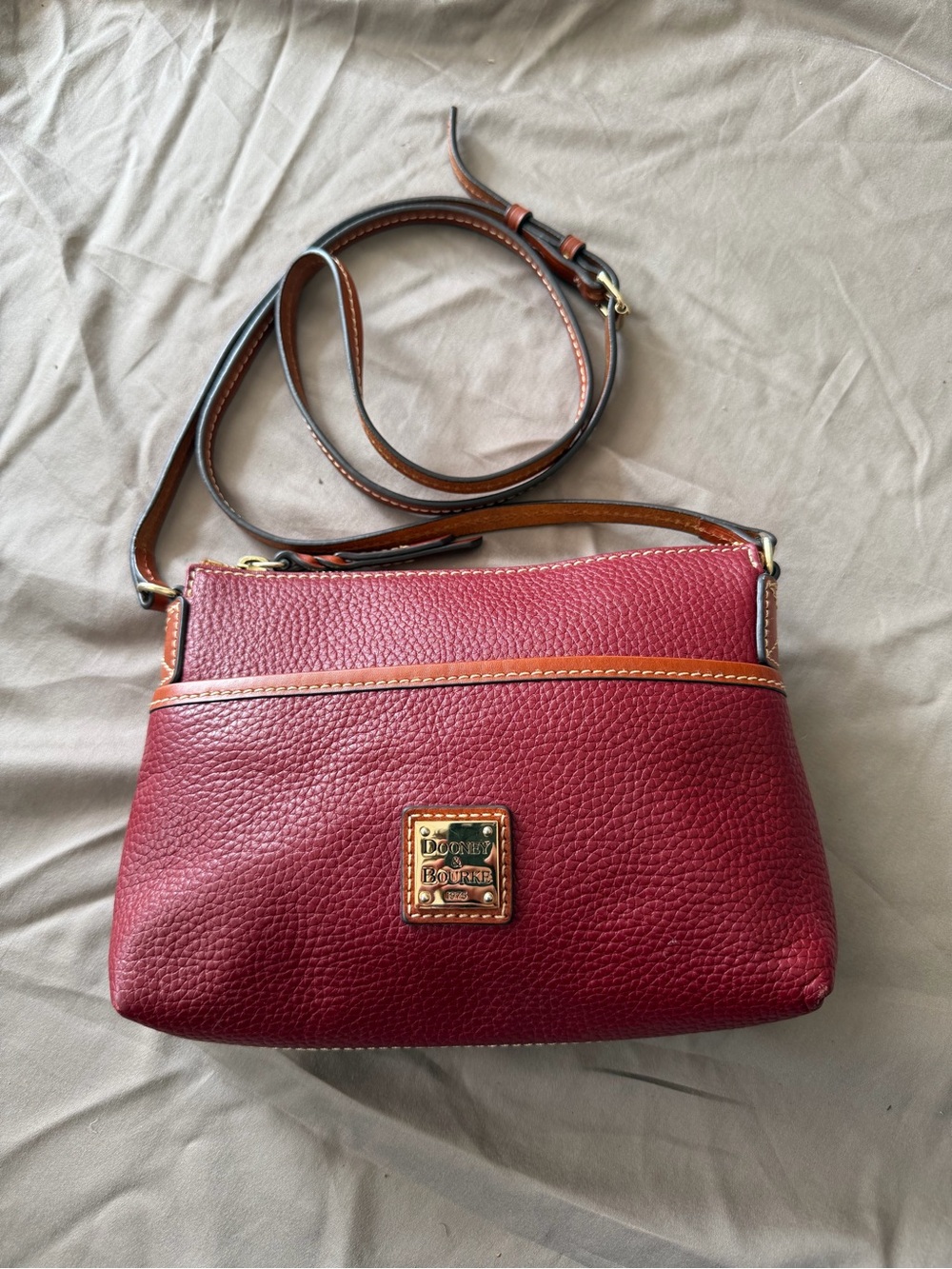 Dooney & Bourke Red Pebble Leather Crossbody with Tan Trim